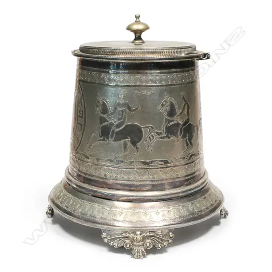 Heinrich Kohn retailed late Victorian silver plate biscuit barrel,
